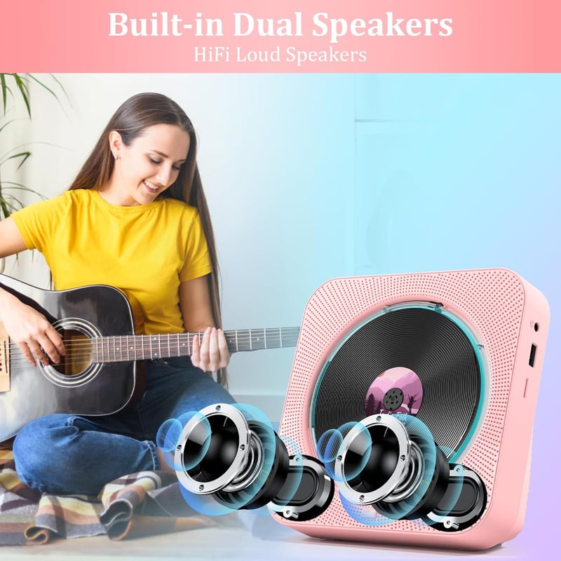 KOVCDVI CD Lejátszó Bluetooth 5.1 Rádióval, 5W Dupla Hangszóró, Távirányító, USB/SD Kártya Lejátszás, FM Rádió - Rózsaszín
