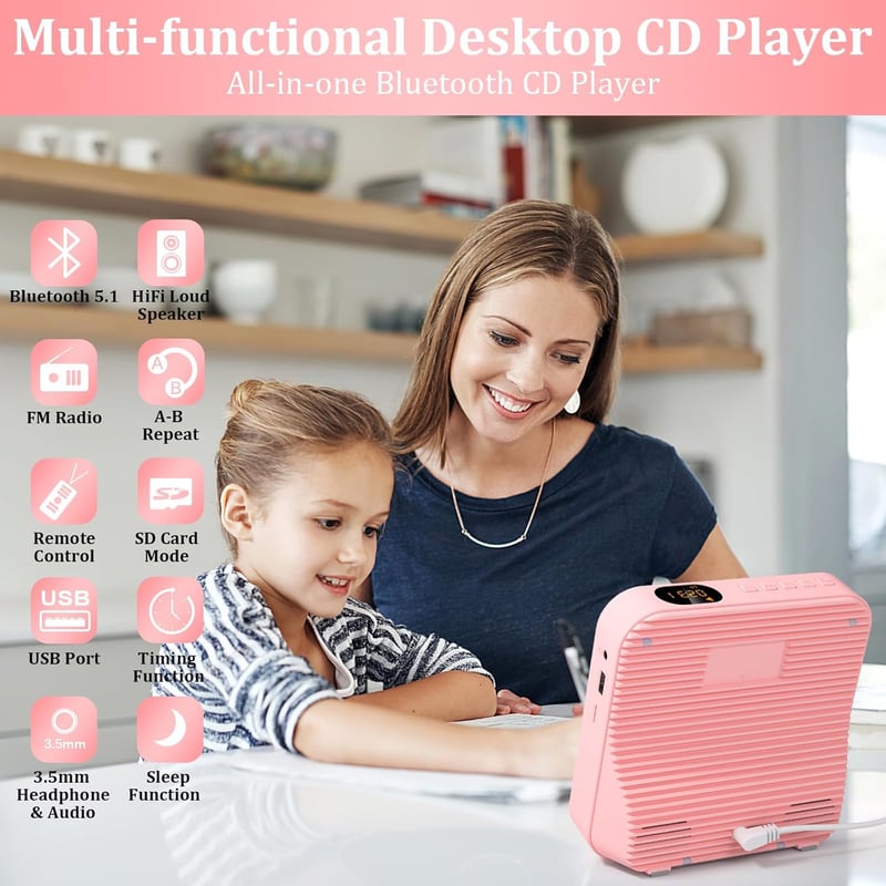 KOVCDVI CD Lejátszó Bluetooth 5.1 Rádióval, 5W Dupla Hangszóró, Távirányító, USB/SD Kártya Lejátszás, FM Rádió - Rózsaszín