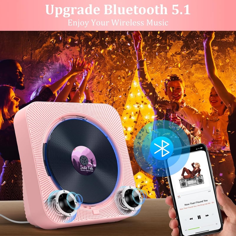 KOVCDVI CD Lejátszó Bluetooth 5.1 Rádióval, 5W Dupla Hangszóró, Távirányító, USB/SD Kártya Lejátszás, FM Rádió - Rózsaszín