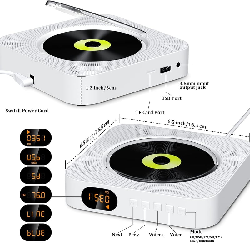KOVCDVI CD Lejátszó Bluetooth Hangszóróval Fali Szereléshez FM Rádió USB TF Kártya AUX LCD Kijelző Távirányító