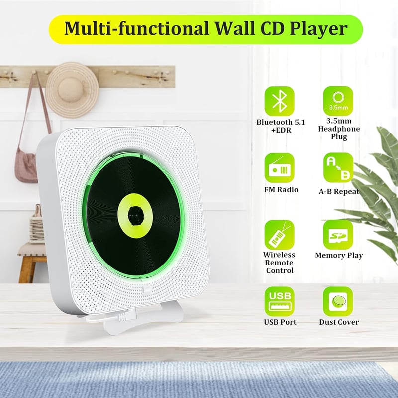 KOVCDVI CD Lejátszó Bluetooth Hangszóróval Fali Szereléshez FM Rádió USB TF Kártya AUX LCD Kijelző Távirányító