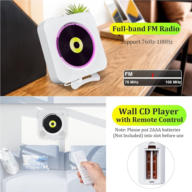 KOVCDVI CD Lejátszó Bluetooth Hangszóróval Fali Szereléshez FM Rádió USB TF Kártya AUX LCD Kijelző Távirányító
