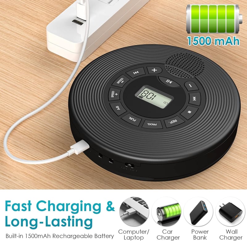 KOVCDVI Hordozható CD Lejátszó Bluetooth Funkcióval 1500 mAh Akkumulátor Hangszóróval USB AUX Lejátszás LCD Kijelző A-B Ismétlés
