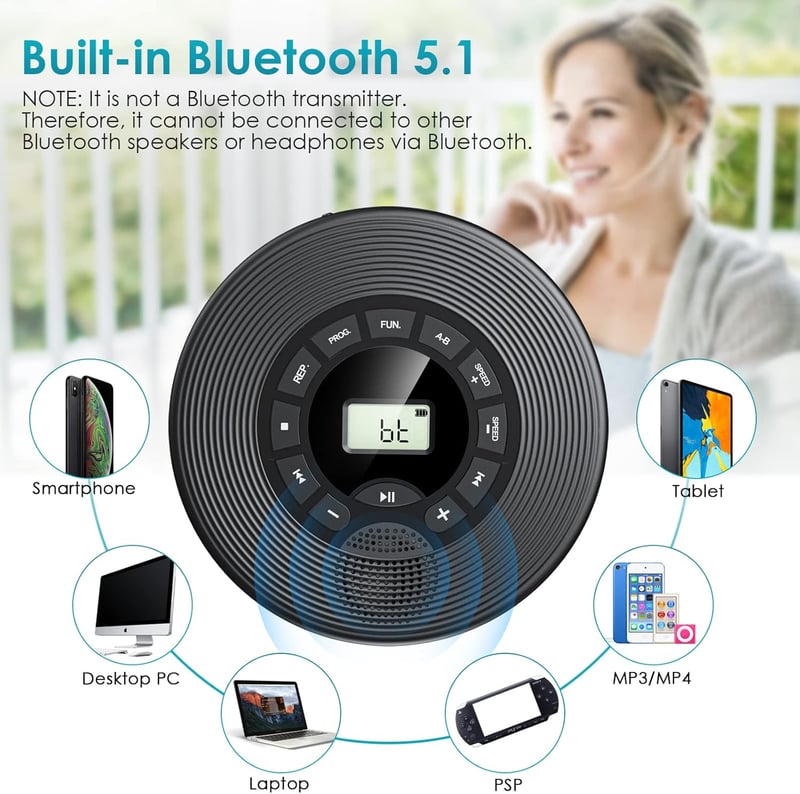 KOVCDVI Hordozható CD Lejátszó Bluetooth Funkcióval 1500 mAh Akkumulátor Hangszóróval USB AUX Lejátszás LCD Kijelző A-B Ismétlés