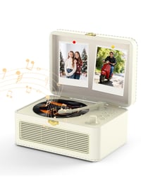 Prenosný CD prehrávač KOVCDVI s Bluetooth, retro rádiom a povrchom z PU kože, biely 1