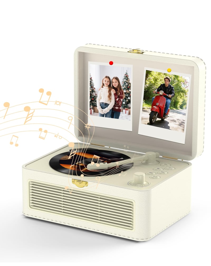 Prenosný CD prehrávač KOVCDVI s Bluetooth, retro rádiom a povrchom z PU kože, biely