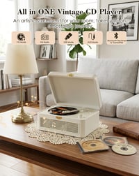 Prenosný CD prehrávač KOVCDVI s Bluetooth, retro rádiom a povrchom z PU kože, biely 2