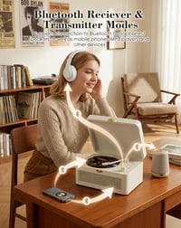 Prenosný CD prehrávač KOVCDVI s Bluetooth, retro rádiom a povrchom z PU kože, biely 4