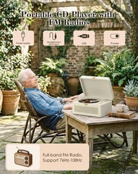 Prenosný CD prehrávač KOVCDVI s Bluetooth, retro rádiom a povrchom z PU kože, biely 6