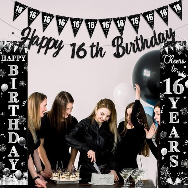 Kreatwow 16. Születésnapi Dekoráció Fekete Ezüst Banner Girland Férfiaknak Nőknek