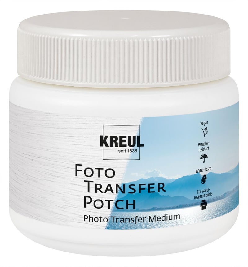 KREUL Foto Transfer Potch 49951 médium na prenos fotografií, 150 ml, hodvábne lesklý a transparentný, na prenos výtlačkov a výstrižkov z novín na rôzne povrchy