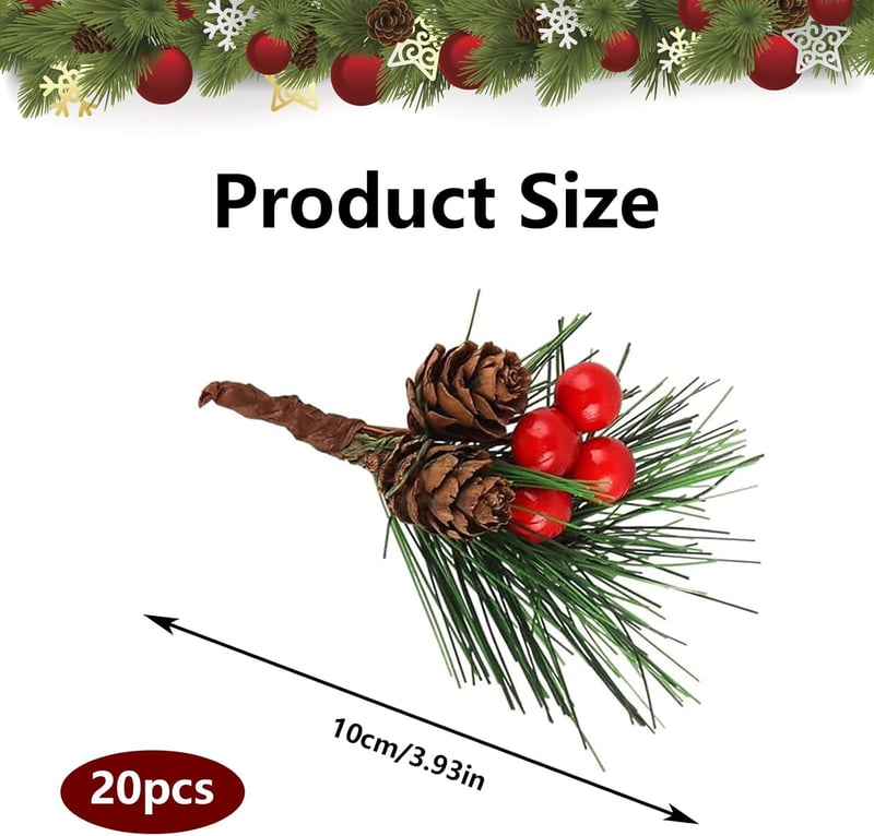 KRISFD Karácsonyi Dekoráció Szett - 20 db Műfenyő Ág Piros Bogyókkal és Tobozokkal - DIY Koszorú, Asztaldísz, Ajándék Csomagolás Kellék