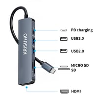 USB-C hub KRISUHO 6 v 1 pre MacBook, 4K HDMI, USB 3.0, USB 2.0, 60W PD nabíjanie, čítačka kariet Micro SD/SD, pre XPS a telefóny Samsung 6