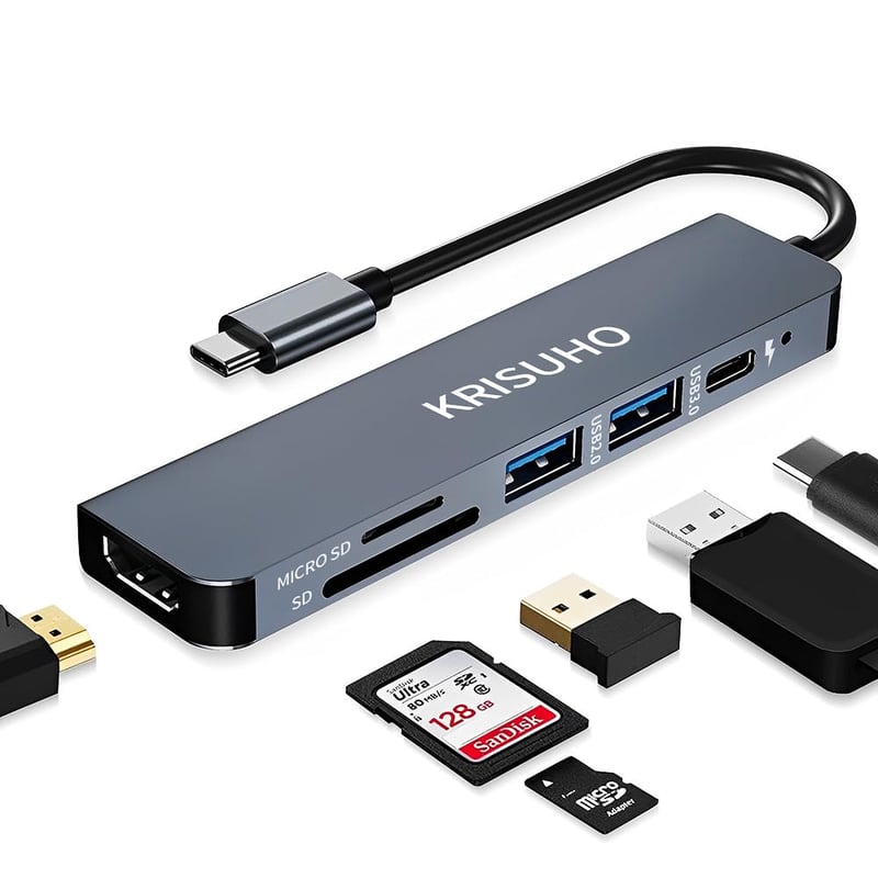 USB-C hub KRISUHO 6 v 1 pre MacBook, 4K HDMI, USB 3.0, USB 2.0, 60W PD nabíjanie, čítačka kariet Micro SD/SD, pre XPS a telefóny Samsung