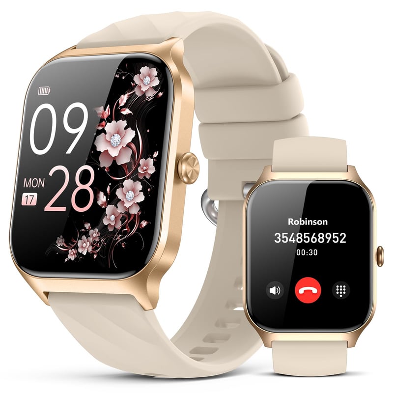 Inteligentné hodinky Kriutefy pre mužov a ženy – Volania, fitness tracker, kompatibilné s Androidom a iPhone, sledovanie spánku, 120+ športových režimov, šampanské zlato, s 2 remienkami