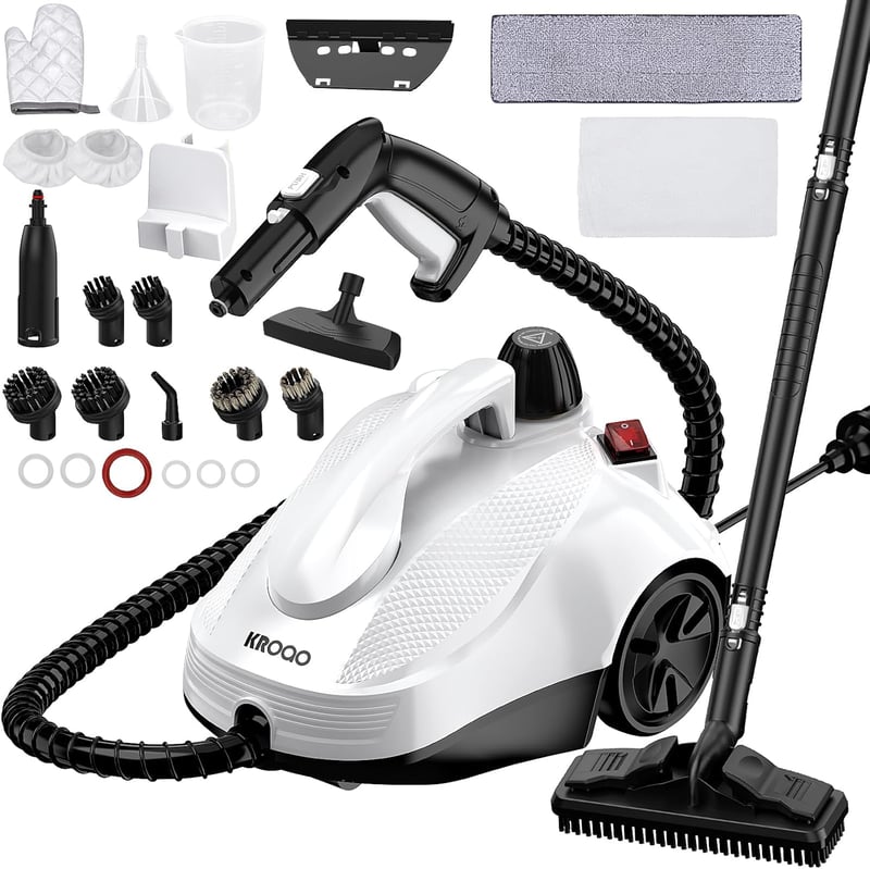 KROQO Multifunkciós Gőztisztító 1050W - Kézi Gőzölő 23 Tartozékkal, 1,5L Tartály, Tapéta, Padló, Szőnyeg, Kanapé, Autó, Csempe Tisztításához