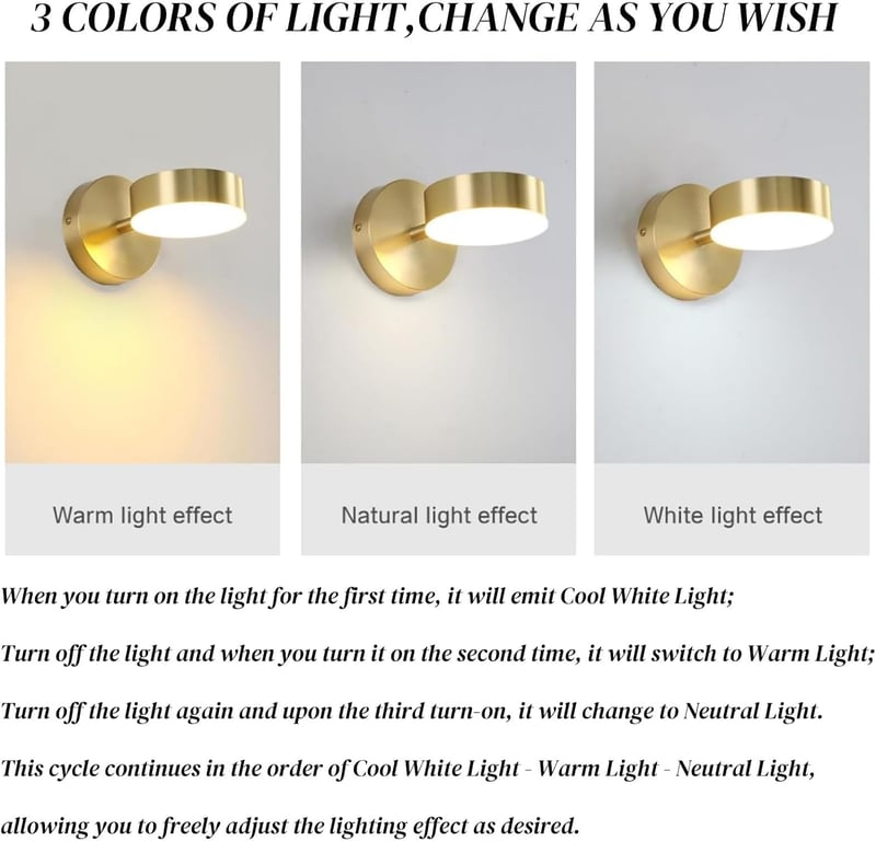 KRUIHAN LED Fali Lámpa 350° Forgó Modern Három Szín Hálószoba Nappali Fürdőszoba