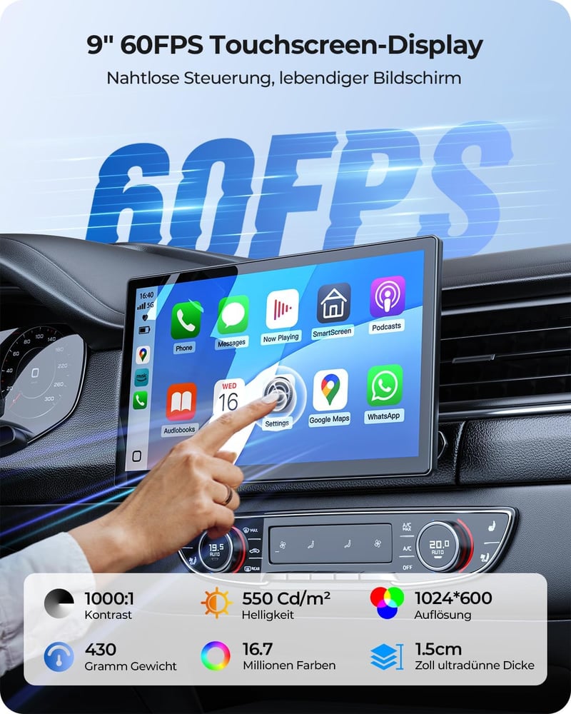 Krunia 9 Inch Wireless CarPlay Display 60FPS Android Auto GPS Navigáció Mágneses Tartó