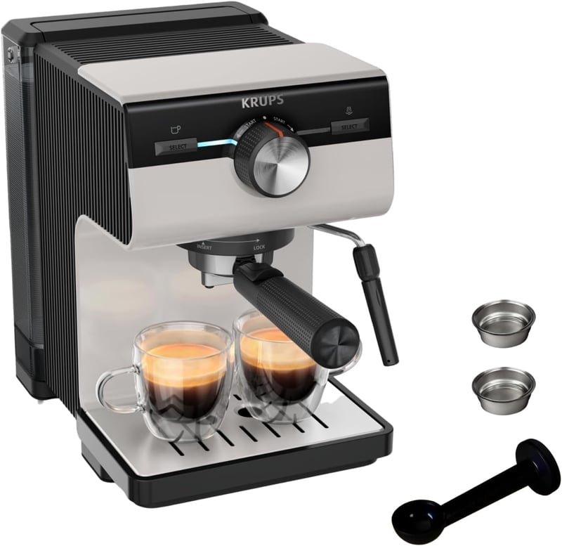 Pákový kávovar Krups Authentic XP381B, 15 bar, 2 l, parná tryska - sivá/krémová