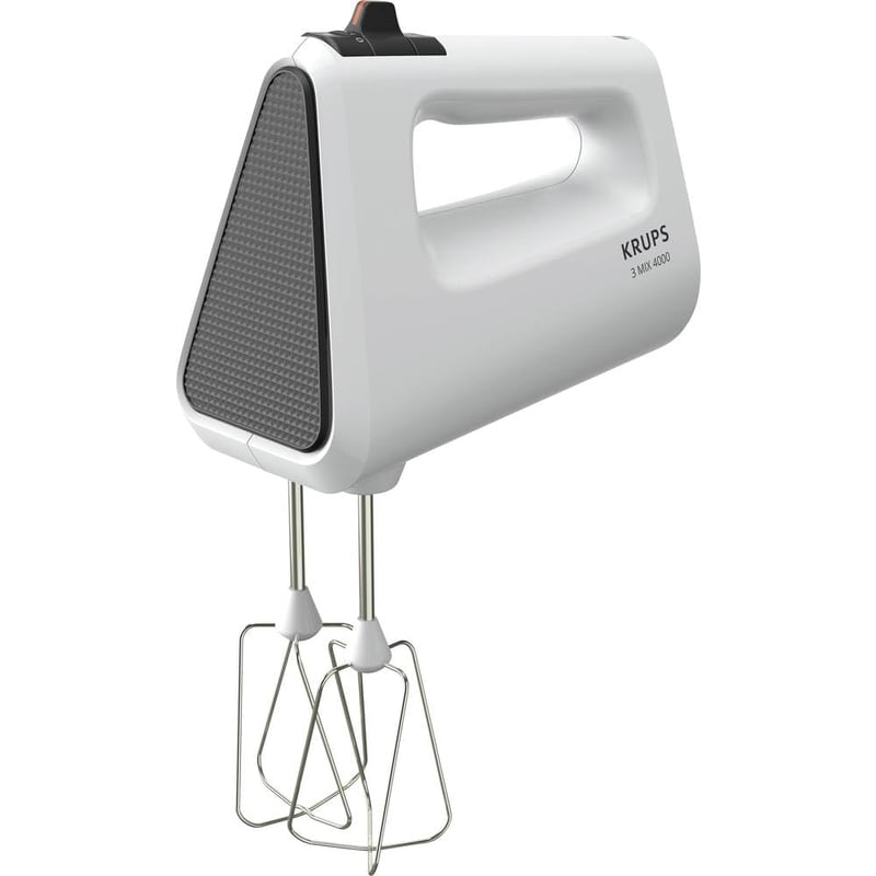 Mixer de mână Krups GN4001 3 Mix 4000, 450 W, alb/gri, funcție turbo și buton de ejectare, 2 teluri și 2 cârlige pentru aluat, viteză variabilă