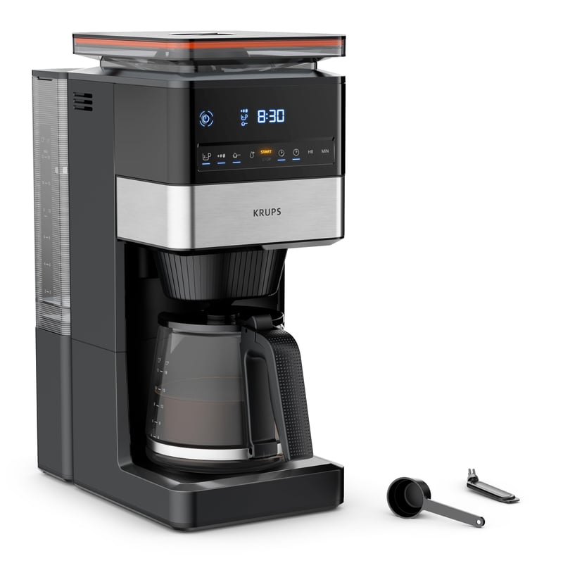 Kávovar s filtrom KRUPS Grind Aroma XL KM842810 – kónický mlynček, digitálny ovládací panel, 1,5 l, funkcia udržiavania teploty, sklenená kanvica, čierna/nehrdzavejúca oceľ