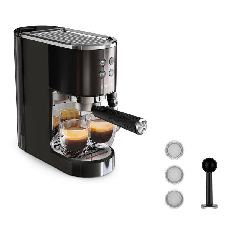 Espressor compact Krups Virtuoso+ XP444G, 15 bari, 3 filtre pentru cremă, duză de abur, negru