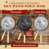 Wok KRUSTENZAUBER de 36 cm pentru inducție, din oțel carbon pre-sezonizat, cu spatulă și inel pentru wok, accesorii tradiționale pentru wok din oțel 7