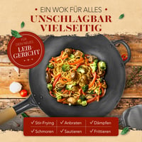 Wok KRUSTENZAUBER de 36 cm pentru inducție, din oțel carbon pre-sezonizat, cu spatulă și inel pentru wok, accesorii tradiționale pentru wok din oțel 4