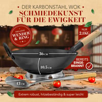 Wok KRUSTENZAUBER de 36 cm pentru inducție, din oțel carbon pre-sezonizat, cu spatulă și inel pentru wok, accesorii tradiționale pentru wok din oțel 3