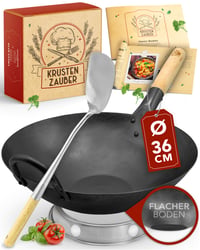 Wok KRUSTENZAUBER de 36 cm pentru inducție, din oțel carbon pre-sezonizat, cu spatulă și inel pentru wok, accesorii tradiționale pentru wok din oțel 1