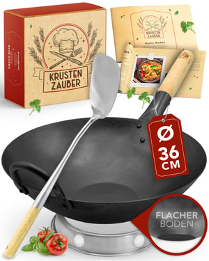 Krustenzauber 36 cm-es előégetett szénacél wok serpenyő indukcióhoz, wok lapáttal és wok gyűrűvel, lapos aljú