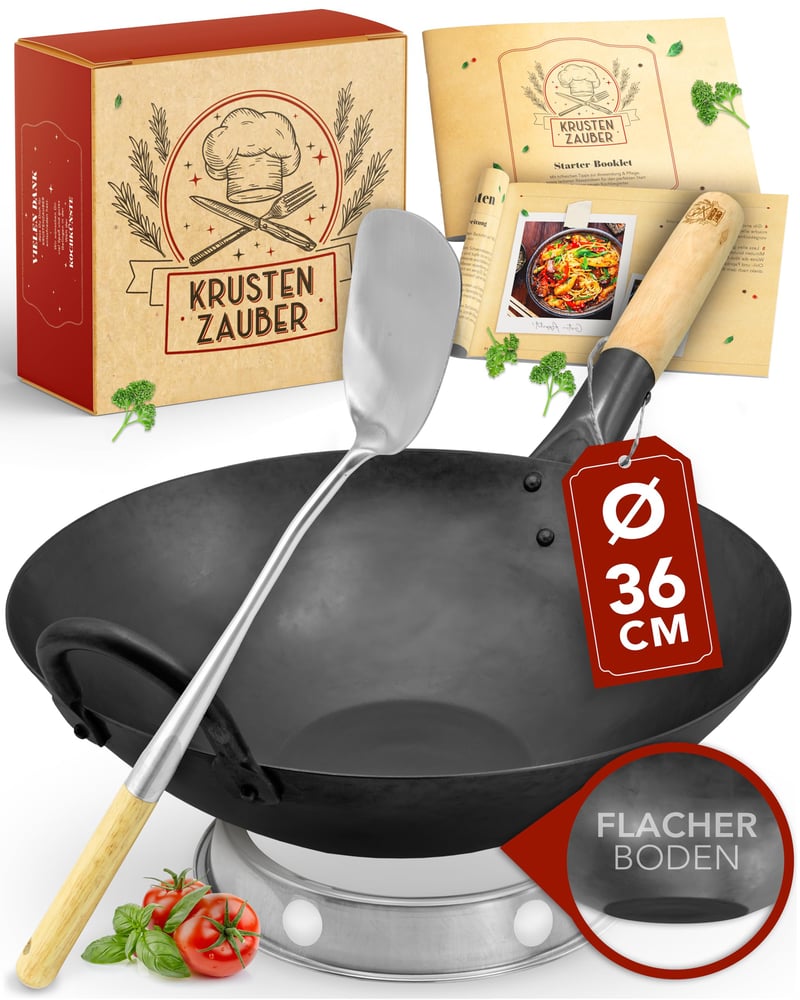 Wok KRUSTENZAUBER de 36 cm pentru inducție, din oțel carbon pre-sezonizat, cu spatulă și inel pentru wok, accesorii tradiționale pentru wok din oțel