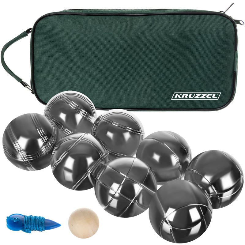 KRUZZEL Pétanque Szett 8 Fém Golyóval, Fa Célgolyóval és Mérőszalaggal - Hordozható Bocce Készlet Kertbe, Parkba, Kempingre