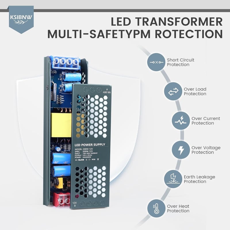 KSIBNW 12V 150W LED Transzformátor - Vékony Alumínium Tápegység Adapter 230V-ról 12V-ra, 12.5A, Túlterhelés Védelemmel LED Szalagokhoz