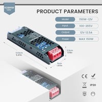 KSIBNW 12V 150W LED Transzformátor - Vékony Alumínium Tápegység Adapter 230V-ról 12V-ra, 12.5A, Túlterhelés Védelemmel LED Szalagokhoz 2