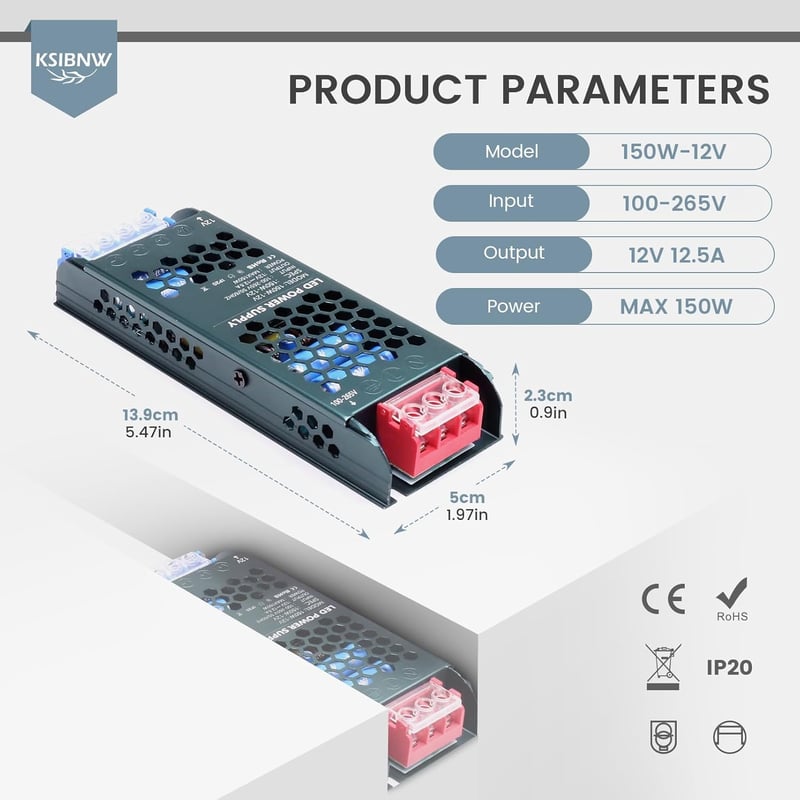 KSIBNW 12V 150W LED Transzformátor - Vékony Alumínium Tápegység Adapter 230V-ról 12V-ra, 12.5A, Túlterhelés Védelemmel LED Szalagokhoz