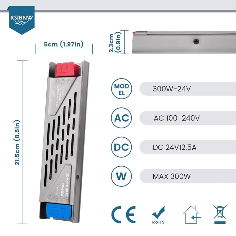KSIBNW 24V 300W LED Tápegység - Vékony Alumínium Transzformátor LED Szalagokhoz, Spotlámpákhoz - 230V-ról 24V-ra Átalakító Adapter