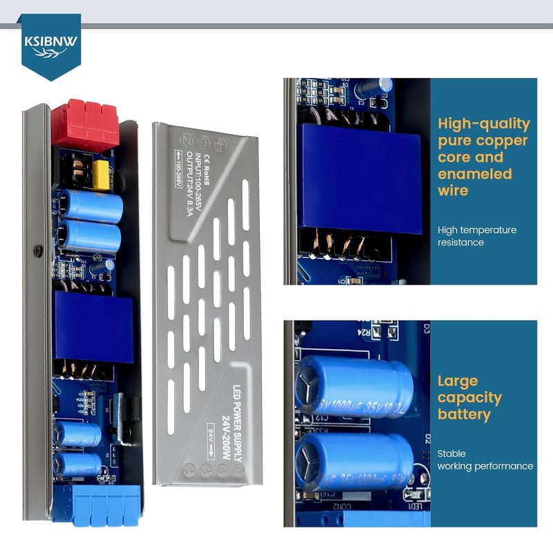 KSIBNW 24V 300W LED Tápegység - Vékony Alumínium Transzformátor LED Szalagokhoz, Spotlámpákhoz - 230V-ról 24V-ra Átalakító Adapter