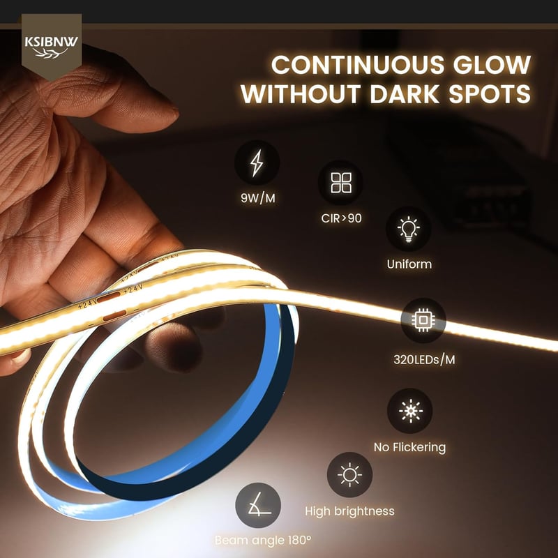 KSIBNW COB LED Szalag 5m - Hidegfehér 6000K, 24V, Öntapadós, 8mm Széles, CRI90+, 320LED/m, Hajlítható Világítás Konyhába, Hálószobába