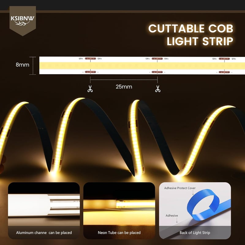 KSIBNW COB LED Szalag 5m - Hidegfehér 6000K, 24V, Öntapadós, 8mm Széles, CRI90+, 320LED/m, Hajlítható Világítás Konyhába, Hálószobába