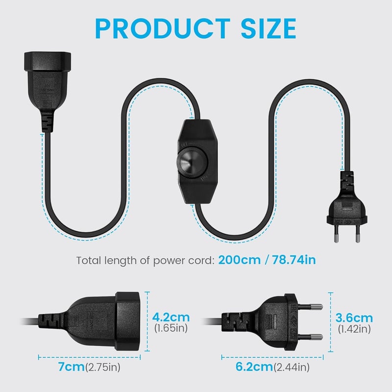 KSIBNW LED Dimmer Kapcsolóval - 2 Méteres Kábel, 230V EU Forgókapcsolós Fényerőszabályzó Fekete Hosszabbító Kábel Asztali és Állólámpákhoz, 