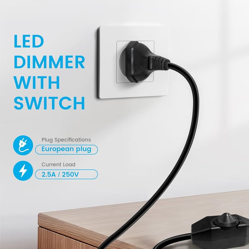 KSIBNW LED Dimmer Kapcsolóval - 2 Méteres Kábel, 230V EU Forgókapcsolós Fényerőszabályzó Fekete Hosszabbító Kábel Asztali és Állólámpákhoz, 