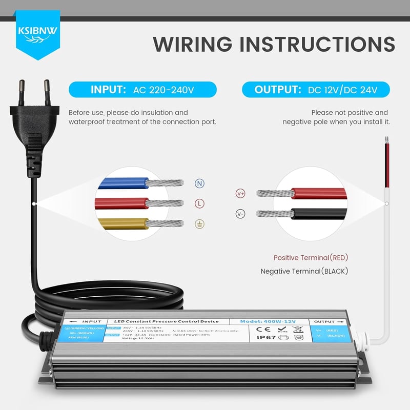 KSIBNW LED Transzformátor 24V 60W IP67 Vízálló Kültéri Tápegység EU Csatlakozóval - Túlfeszültség Védelemmel LED Szalagokhoz, Kerti Világítá