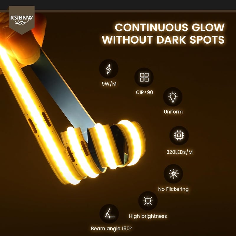 KSIBNW USB COB LED szalag 1m, 5V dimmelhető meleg fehér 3000K, önragasztós TV háttérvilágítás