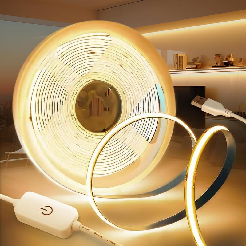 KSIBNW USB COB LED szalag 1m, 5V dimmelhető meleg fehér 3000K, önragasztós TV háttérvilágítás