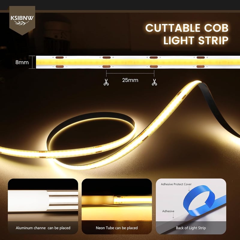 KSIBNW USB COB LED szalag 1m, 5V dimmelhető meleg fehér 3000K, önragasztós TV háttérvilágítás