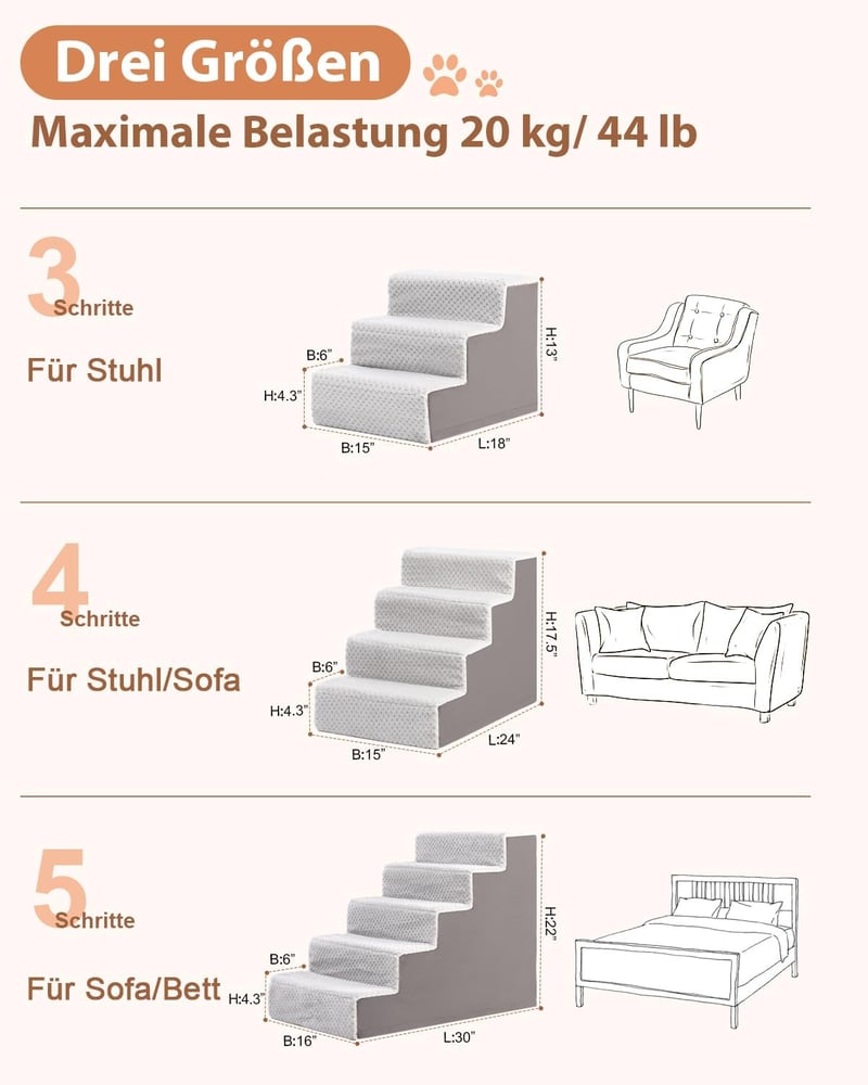 KSIIA Kutyalépcsõ Kicsi Kutyáknak 44cm Magas Mosható Huzattal Szürke