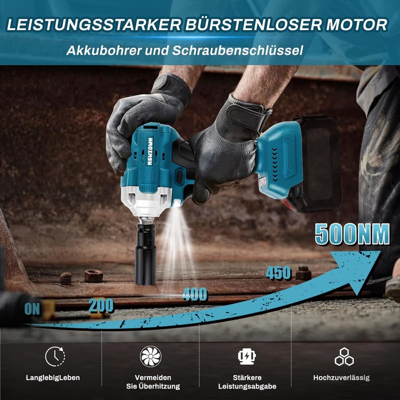 KSWIOWN 18V Makita Akkus Ütvecsavarozó 500 Nm Brushless Erős Forgató Ütvecsavarozó 6 Dugókulccsal