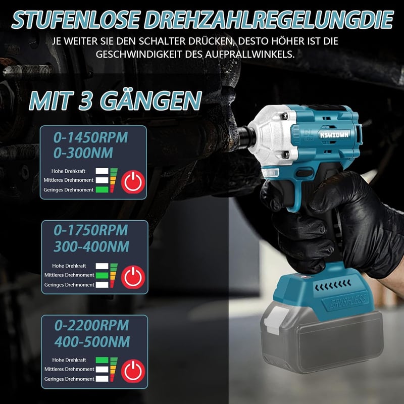 KSWIOWN 18V Makita Akkus Ütvecsavarozó 500 Nm Brushless Erős Forgató Ütvecsavarozó 6 Dugókulccsal