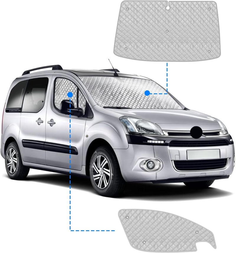 kswiown Citroen Berlingo napellenző szett 2008-2018, 3 részes szélvédő védelem, hőtükrös mat tárolóval